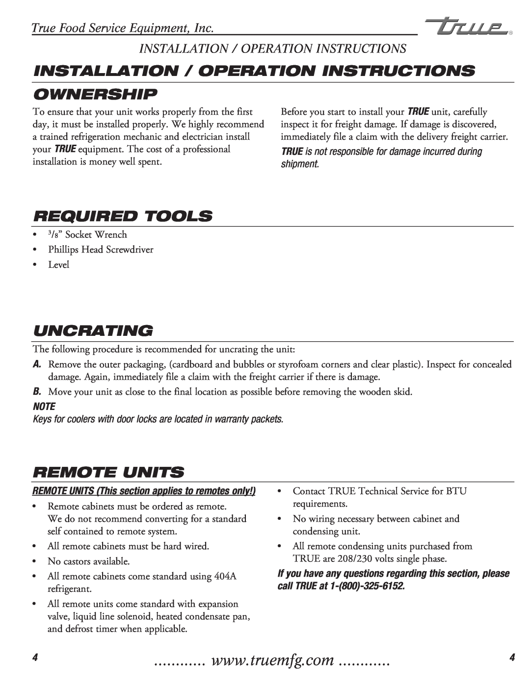 True Manufacturing Company TFP-32-12M-D-2 Installation / Operation Instructions, Ownership, Required Tools, Uncrating 