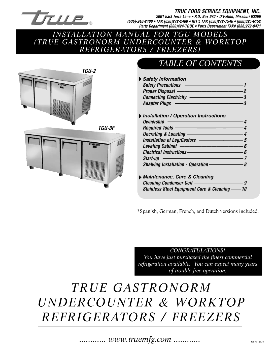 True Manufacturing Company TGU-2, TGU-3F installation manual Table of Contents 