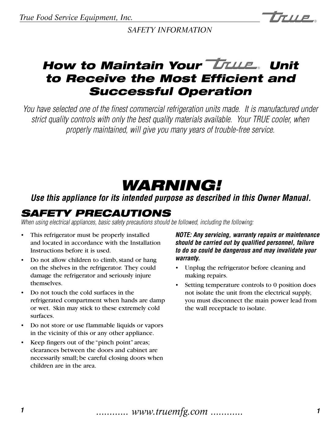 True Manufacturing Company TGU-2, TGU-3F installation manual Safety Precautions 