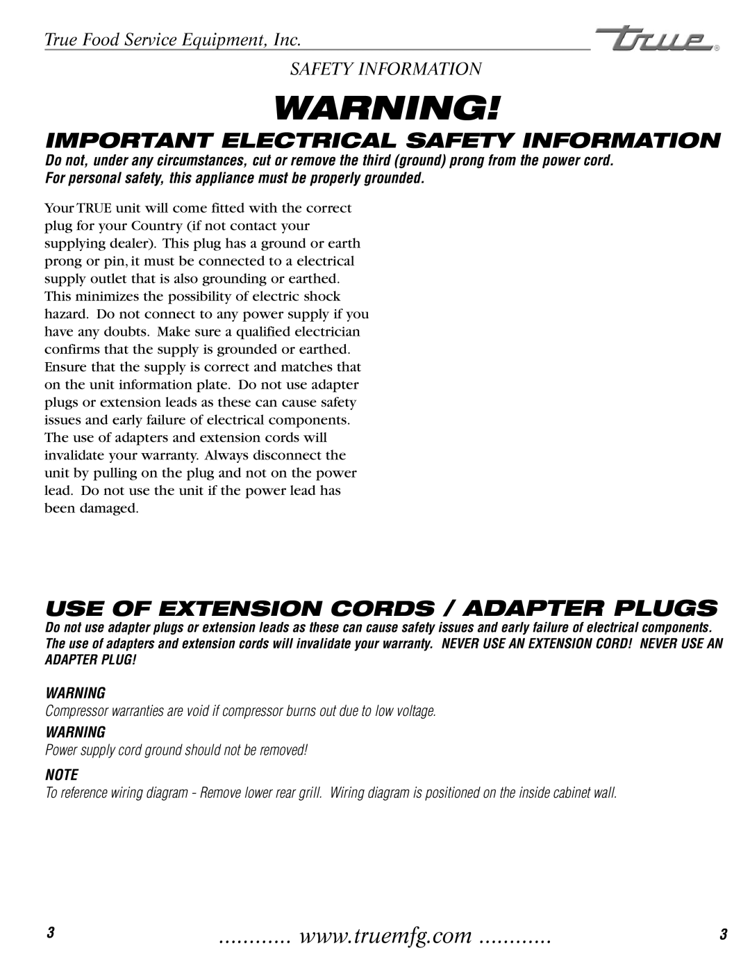 True Manufacturing Company TGU-2, TGU-3F Important Electrical Safety Information, USE of Extension Cords / Adapter Plugs 