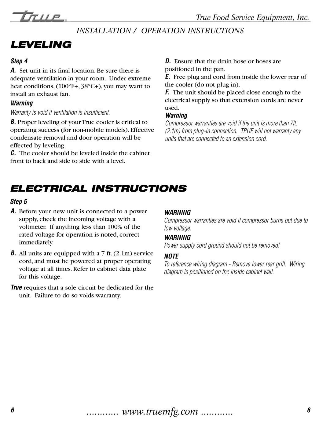 True Manufacturing Company TGU-3F, TGU-2 installation manual Leveling, Electrical Instructions 