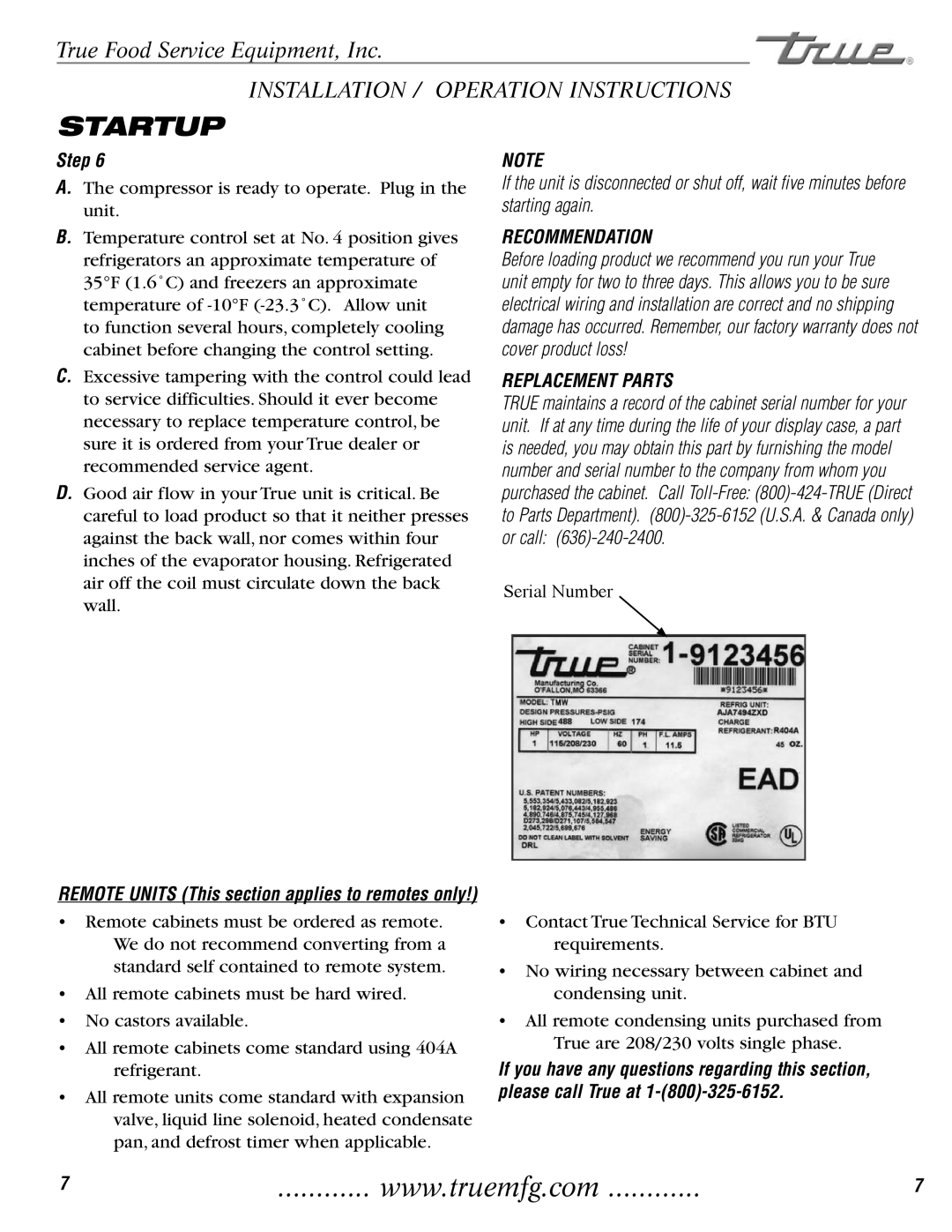 True Manufacturing Company TGU-2, TGU-3F installation manual Startup, Recommendation, Replacement Parts 