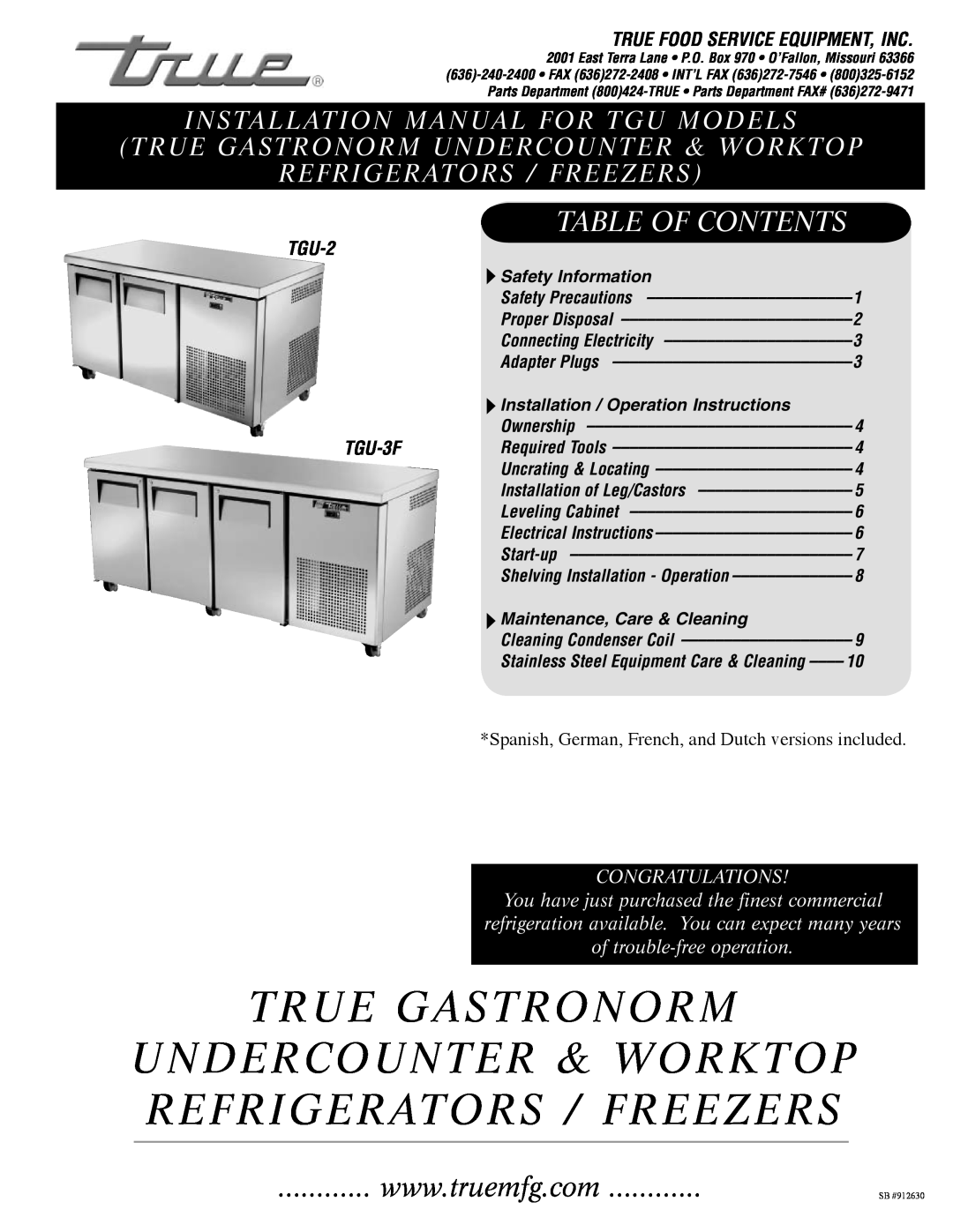 True Manufacturing Company TGU-2 installation manual True Gastronorm Undercounter & Worktop Refrigerators / Freezers 
