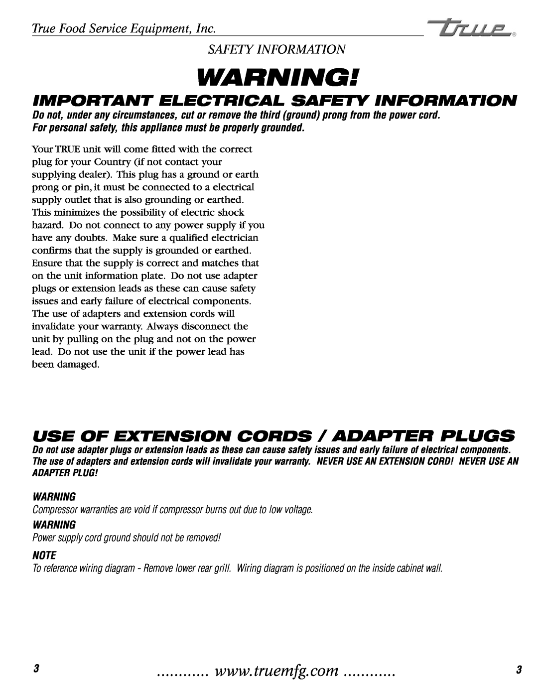 True Manufacturing Company TGU-2, TGU-3F Important Electrical Safety Information, Use Of Extension Cords / Adapter Plugs 