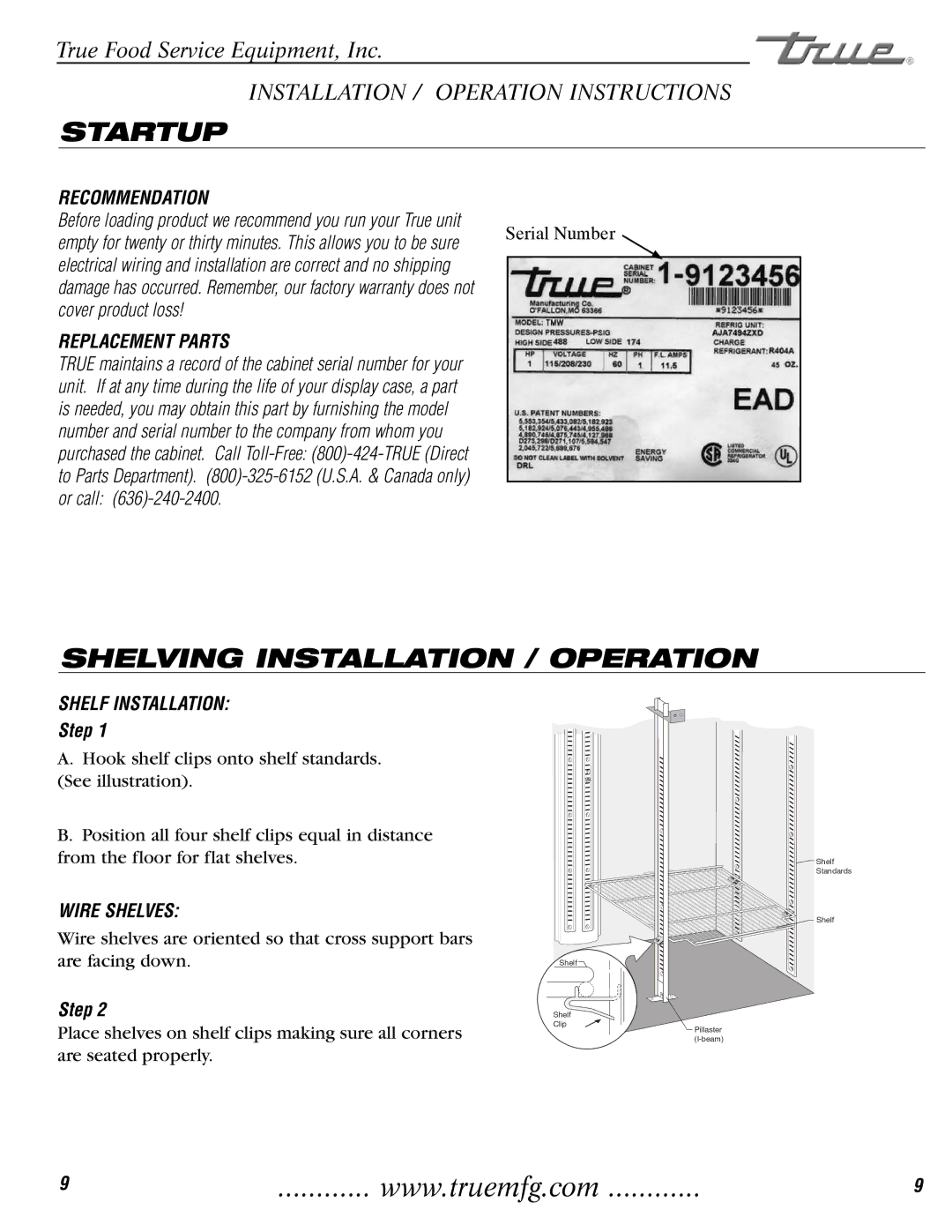 True Manufacturing Company TH-23G installation manual Startup, Shelving Installation / Operation 