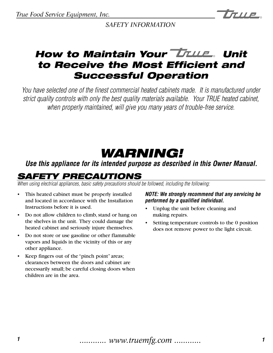 True Manufacturing Company TH-23G installation manual Safety Precautions 