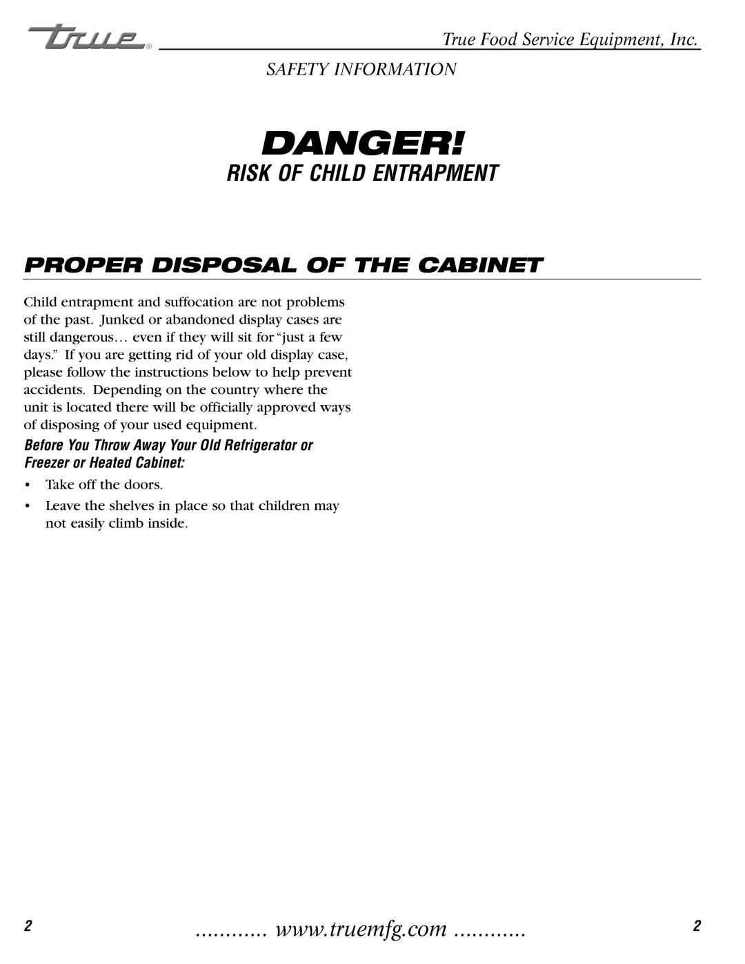 True Manufacturing Company TH-23G installation manual Risk of Child Entrapment, Proper Disposal of the Cabinet 