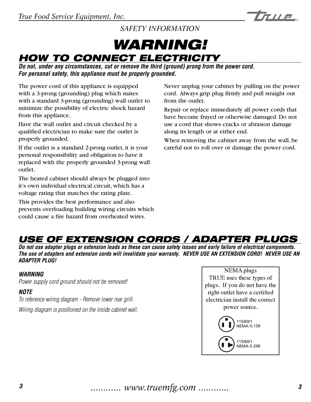 True Manufacturing Company TH-23G installation manual HOW to Connect Electricity, USE of Extension Cords / Adapter Plugs 