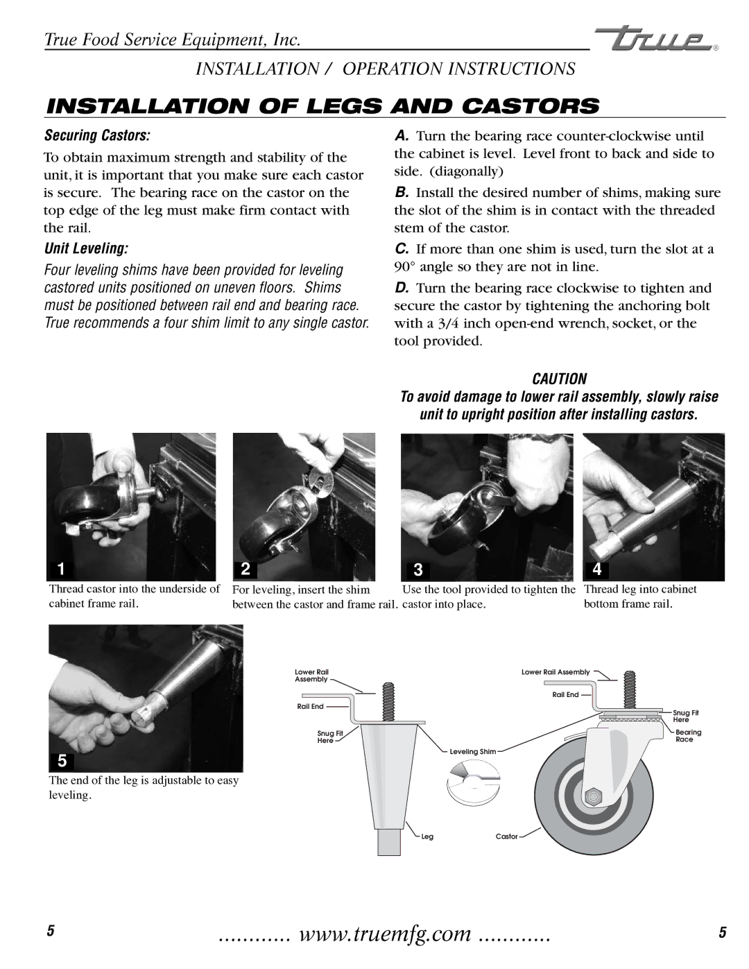 True Manufacturing Company TH-23G installation manual Installation of Legs and Castors, Securing Castors, Unit Leveling 