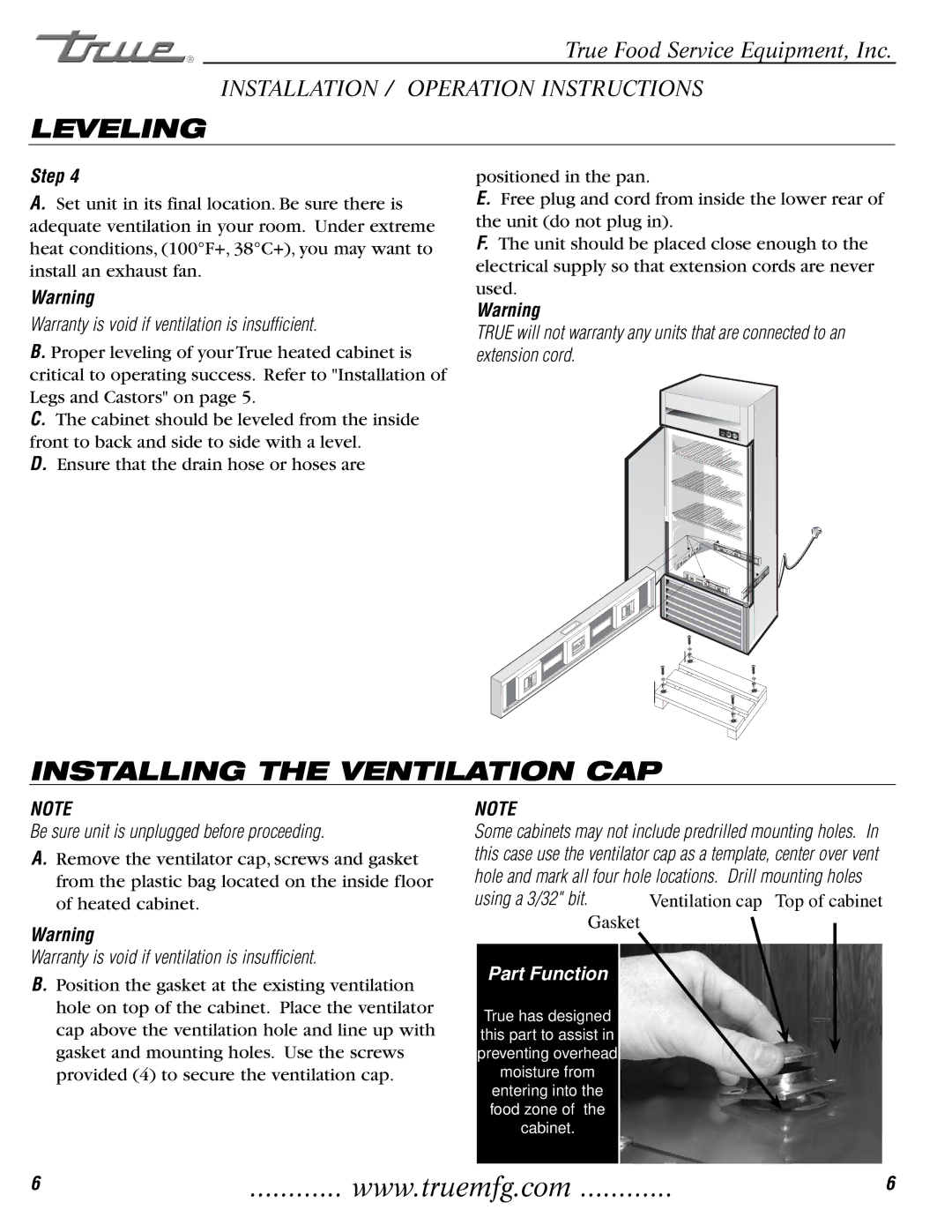 True Manufacturing Company TH-23G installation manual Leveling, Installing the Ventilation CAP, Step 