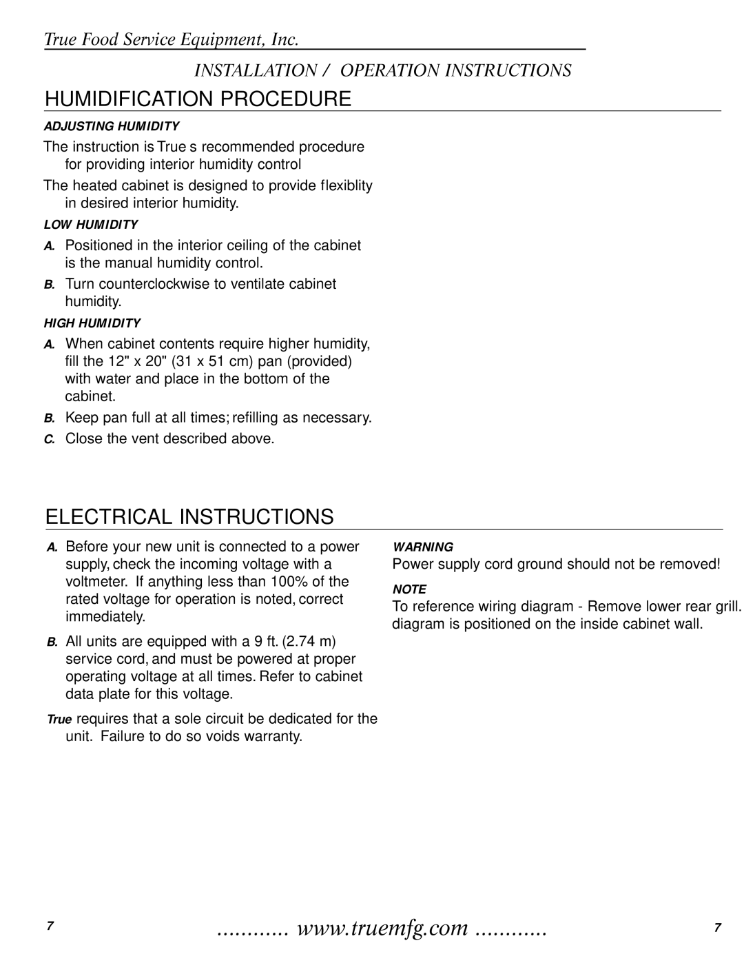 True Manufacturing Company TH-23 Humidification Procedure, Electrical Instructions, Adjusting Humidity, LOW Humidity 