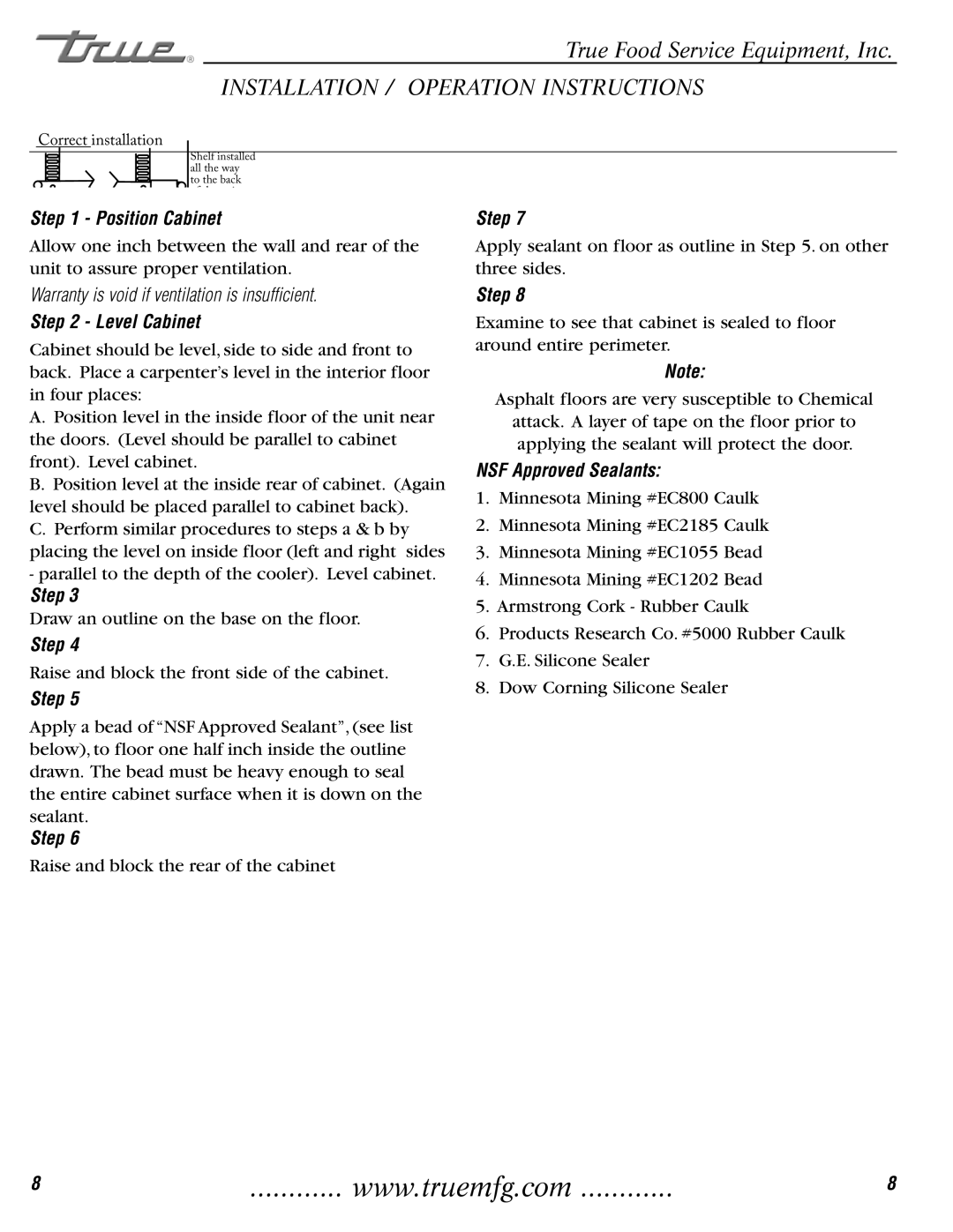 True Manufacturing Company TH-23G installation manual Position Cabinet, Level Cabinet, NSF Approved Sealants 