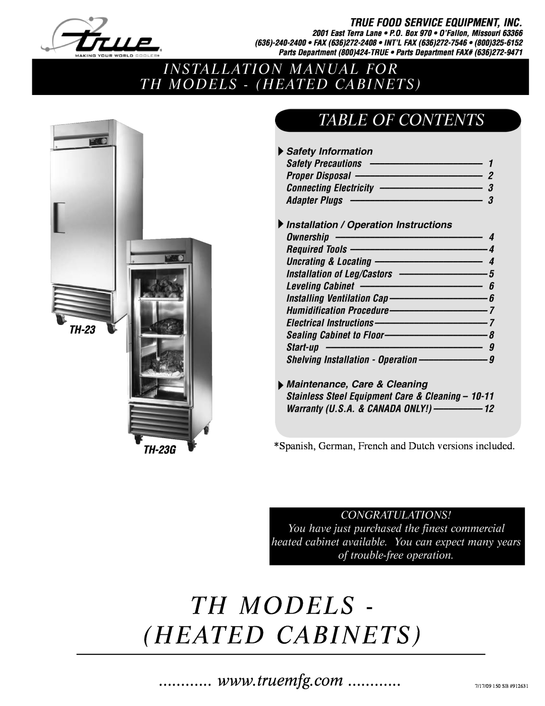 True Manufacturing Company TH-23G installation manual True Food Service Equipment, Inc, Th Models Heated Cabinets 