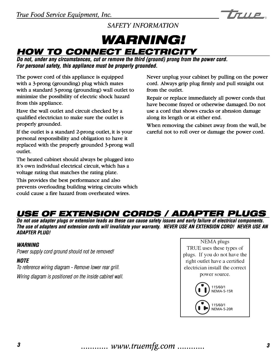 True Manufacturing Company TH-23G installation manual How To Connect Electricity, Use Of Extension Cords / Adapter Plugs 