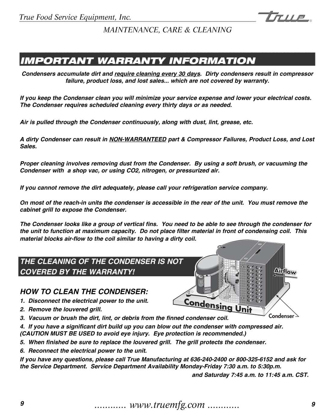 True Manufacturing Company THF-41FL installation manual Important Warranty Information 