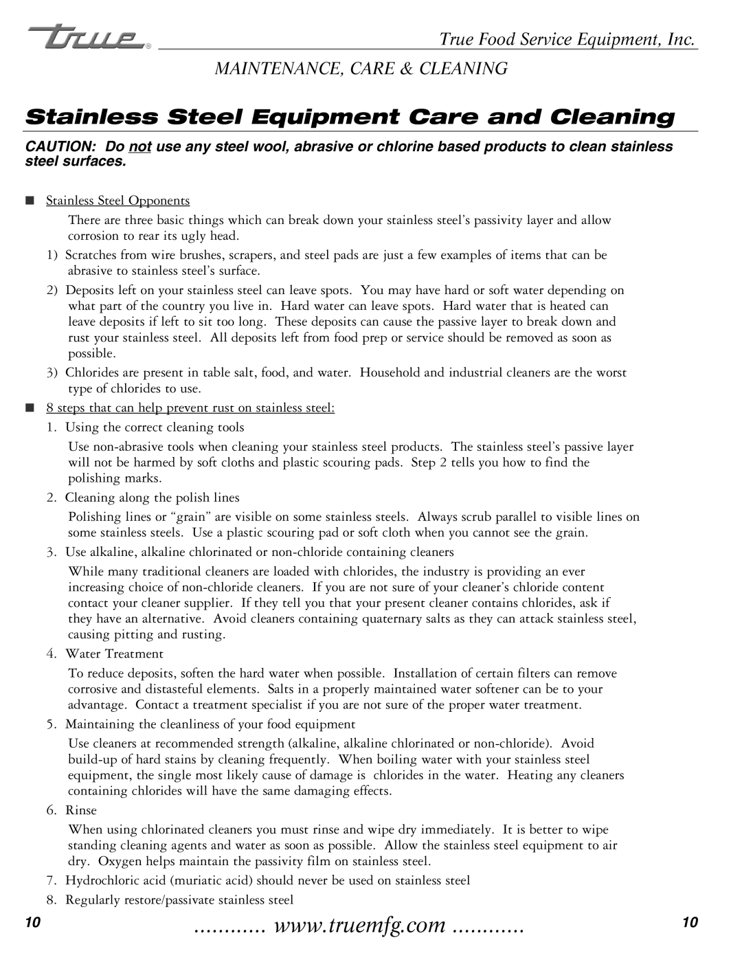 True Manufacturing Company THF-41FL installation manual Stainless Steel Equipment Care and Cleaning 