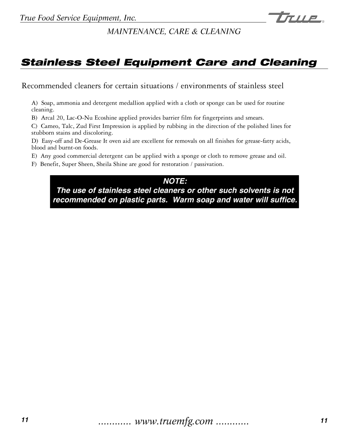 True Manufacturing Company THF-41FL installation manual Stainless Steel Equipment Care and Cleaning 