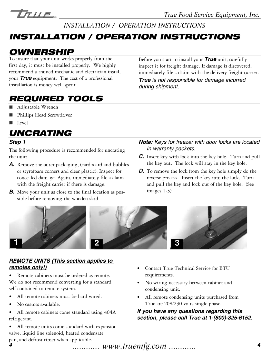 True Manufacturing Company THF-41FL Installation / Operation Instructions Ownership, Required Tools, Uncrating 