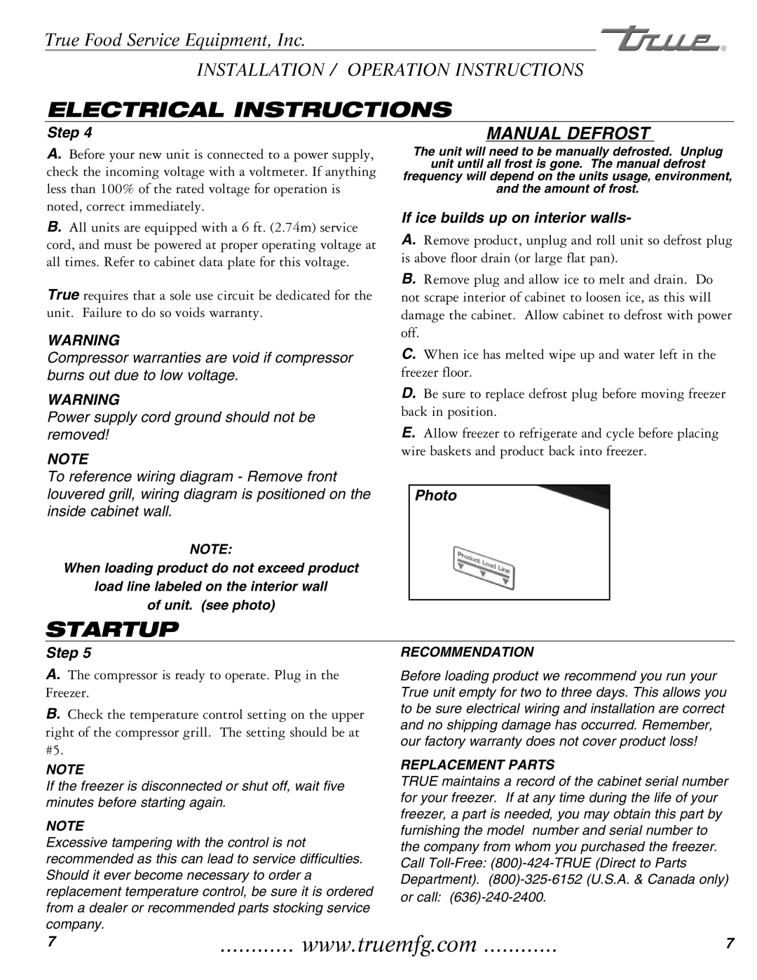 True Manufacturing Company THF-41FL Electrical Instructions, Startup, If ice builds up on interior walls, Photo 