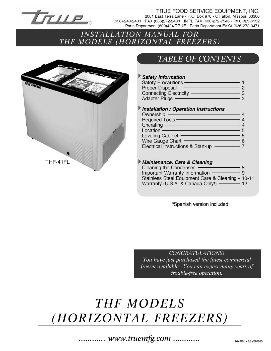 True Manufacturing Company THF-41FL installation manual Thf Models Horizontal Freezers, Table Of Contents, Congratulations 