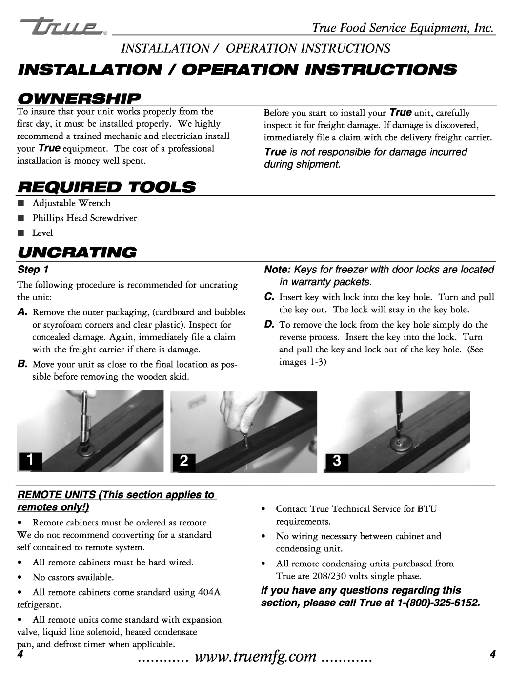 True Manufacturing Company THF-41FL Installation / Operation Instructions Ownership, Required Tools, Uncrating, Step 