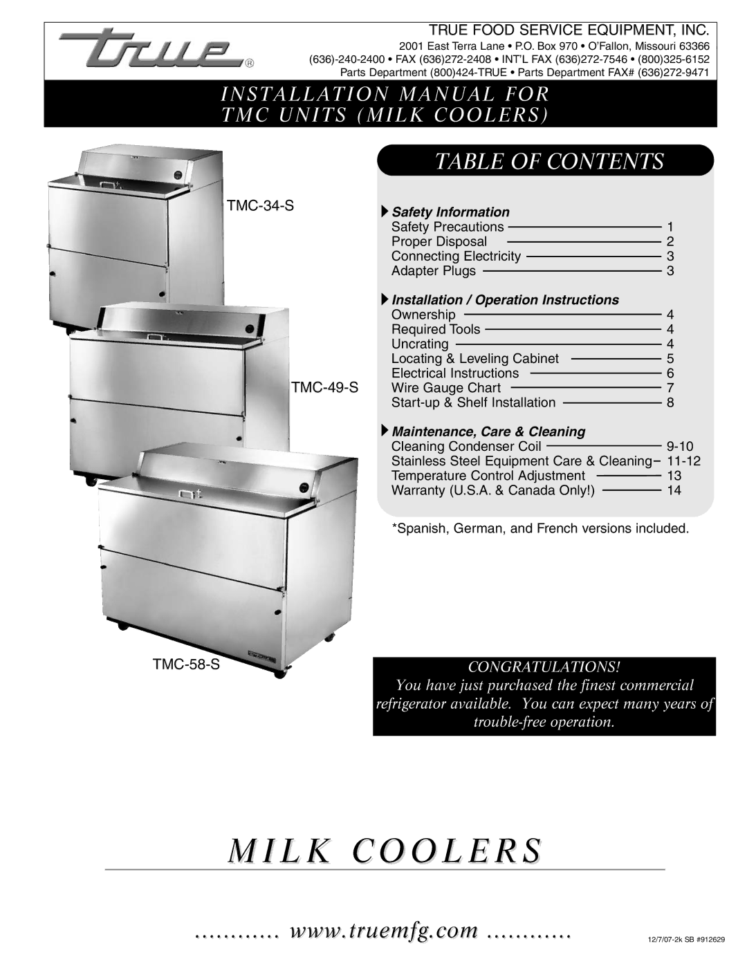 True Manufacturing Company TMC-34-S, TMC-58-S, TMC-49-S installation manual Milk Coolers 