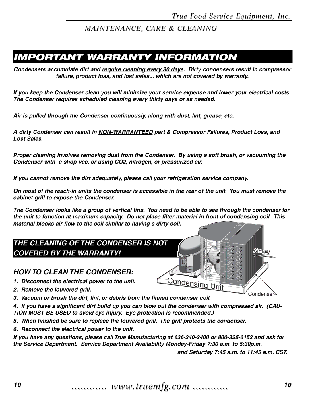 True Manufacturing Company TMC-58-S, TMC-34-S, TMC-49-S installation manual Important Warranty Information 