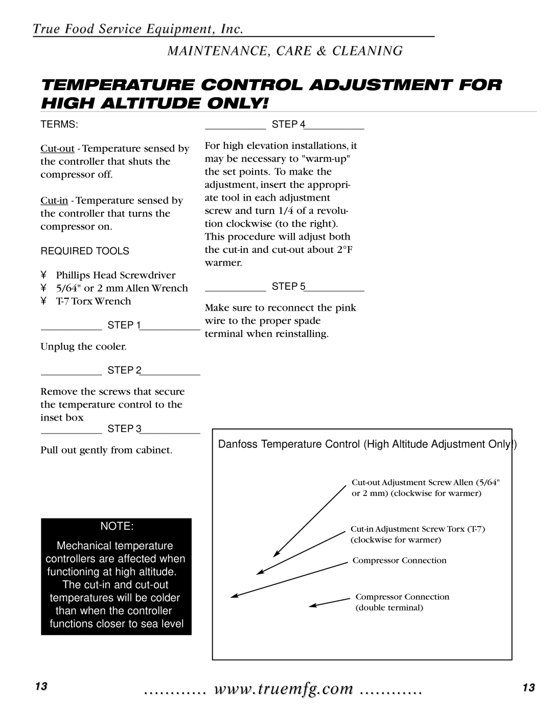 True Manufacturing Company TMC-58-S, TMC-34-S, TMC-49-S Temperature Control Adjustment for High Altitude only 