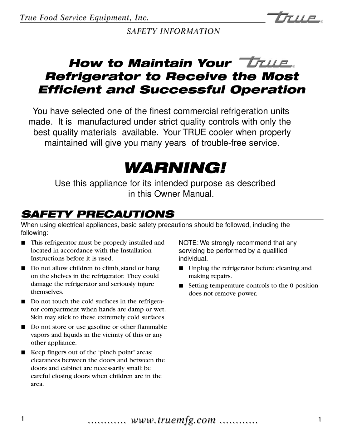 True Manufacturing Company TMC-58-S, TMC-34-S, TMC-49-S installation manual Safety Precautions 