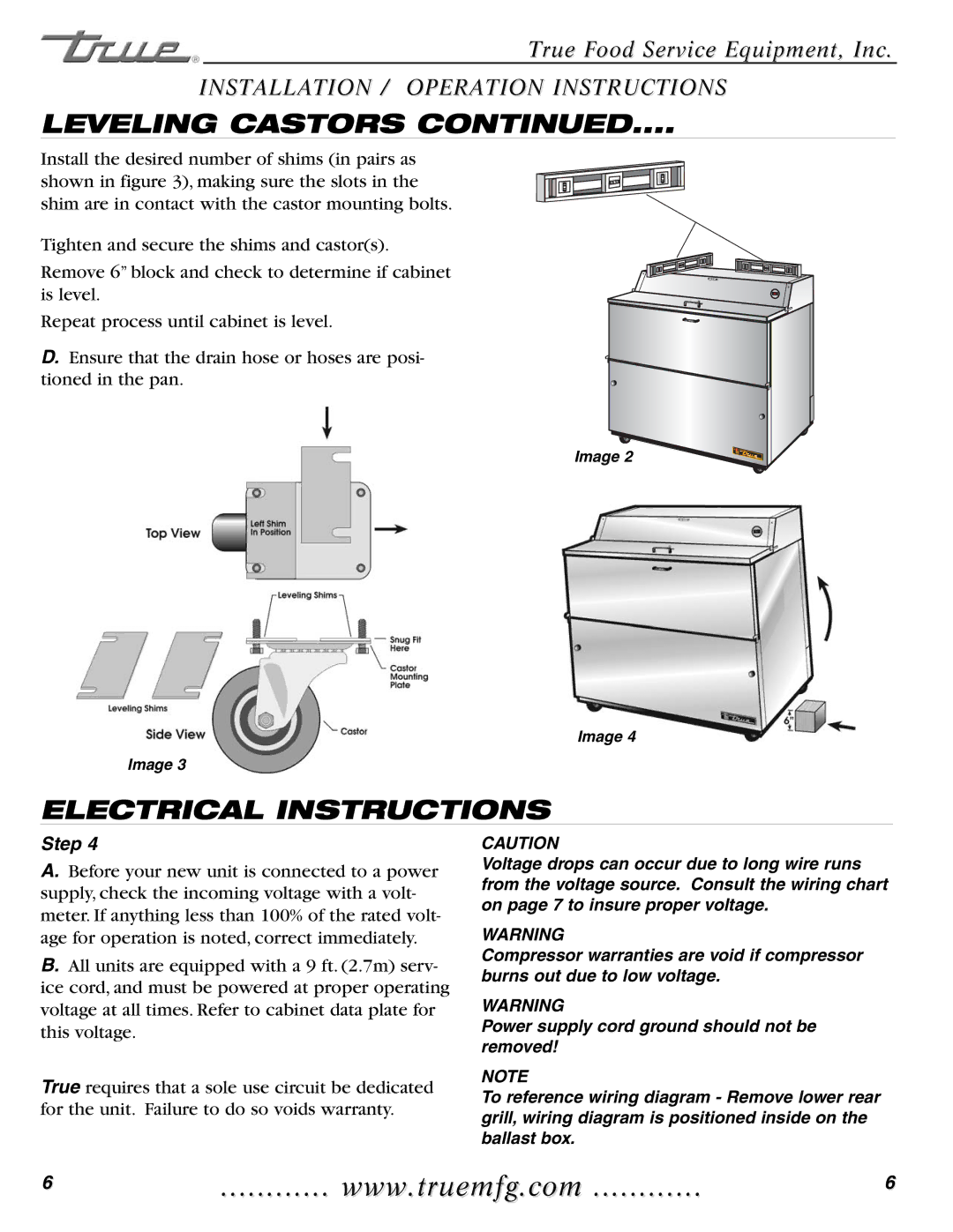 True Manufacturing Company TMC-49-S, TMC-58-S, TMC-34-S installation manual Leveling Castors, Electrical Instructions 