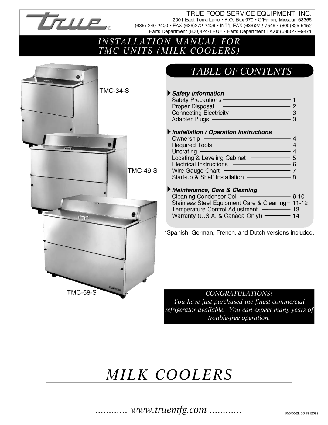 True Manufacturing Company TMC-34-SS, TMC-58-S installation manual Milk Coolers 