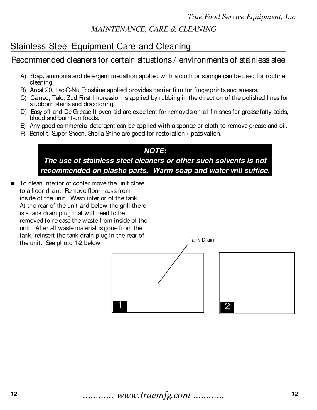 True Manufacturing Company TMC-58-S, TMC-34-SS installation manual Tank Drain 