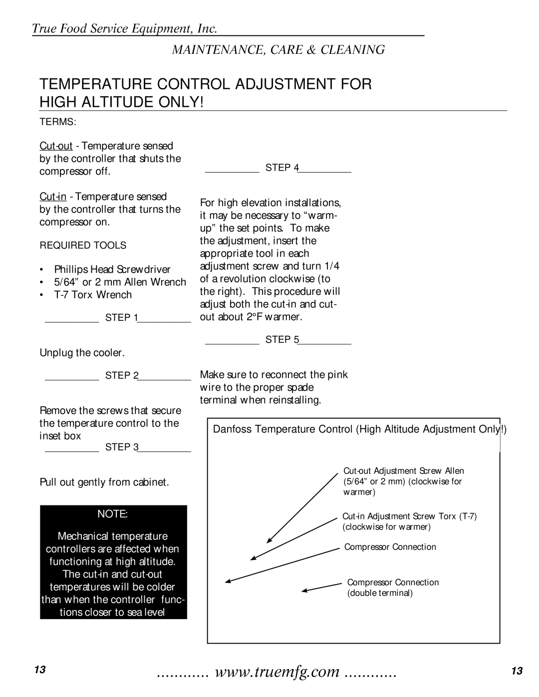 True Manufacturing Company TMC-34-SS, TMC-58-S installation manual Temperature Control Adjustment for High Altitude only 