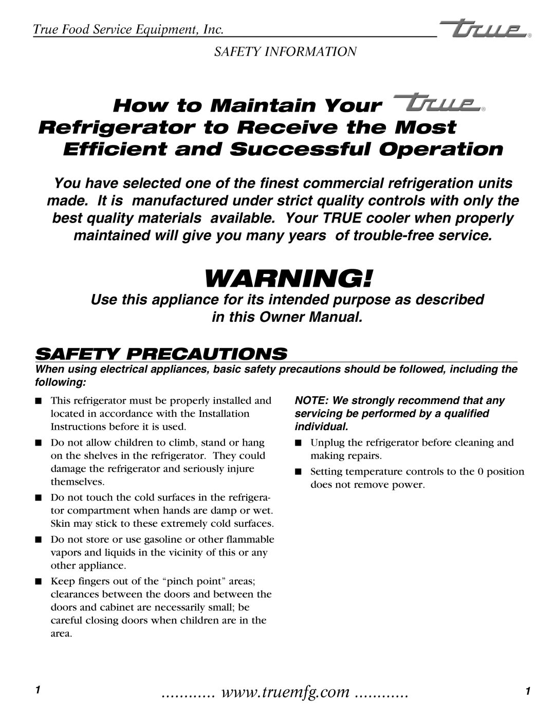 True Manufacturing Company TMC-34-SS, TMC-58-S installation manual Safety Precautions 