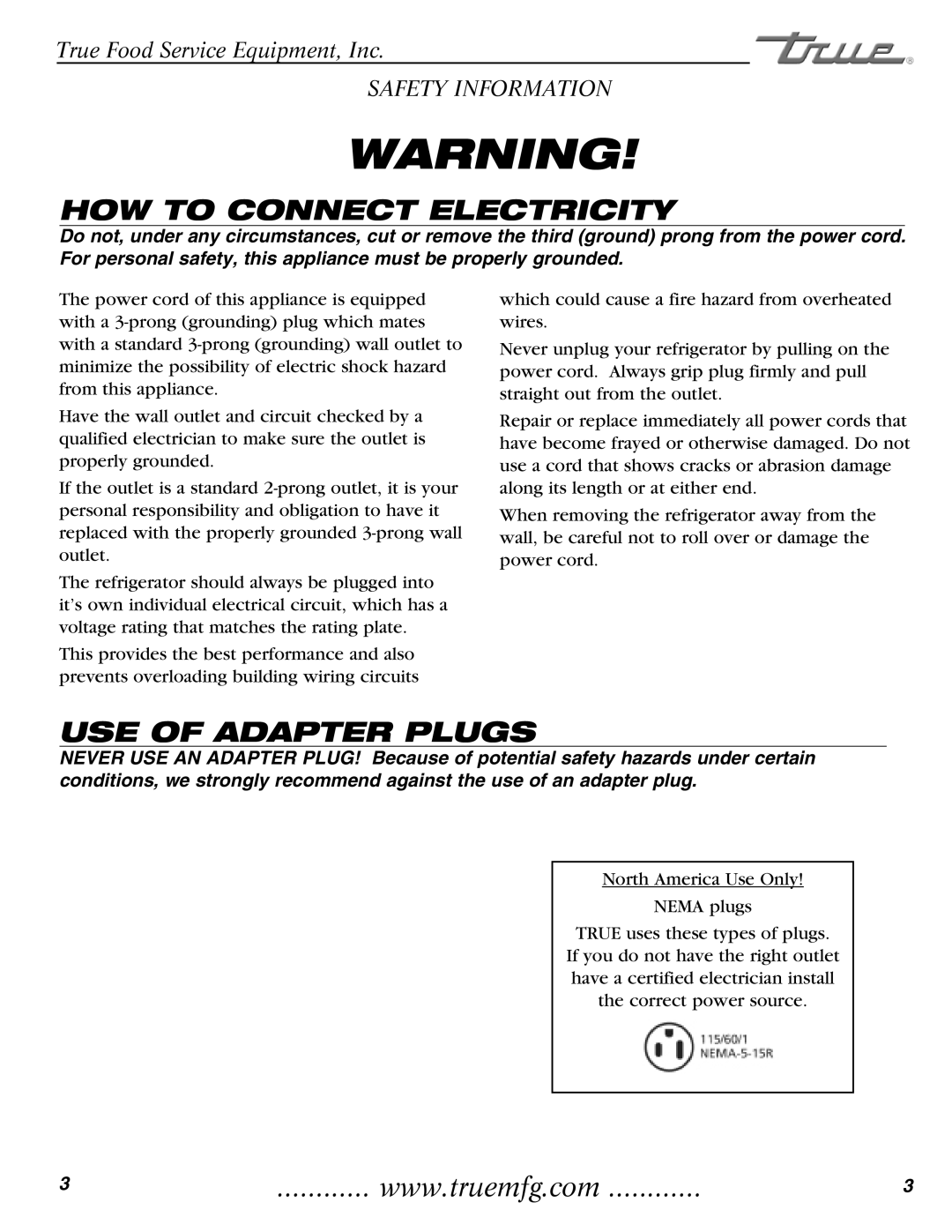 True Manufacturing Company TMC-34-SS, TMC-58-S installation manual HOW to Connect Electricity 