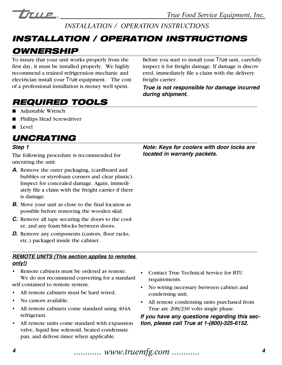 True Manufacturing Company TMC-58-S, TMC-34-SS Installation / Operation Instructions Ownership, Required Tools, Uncrating 