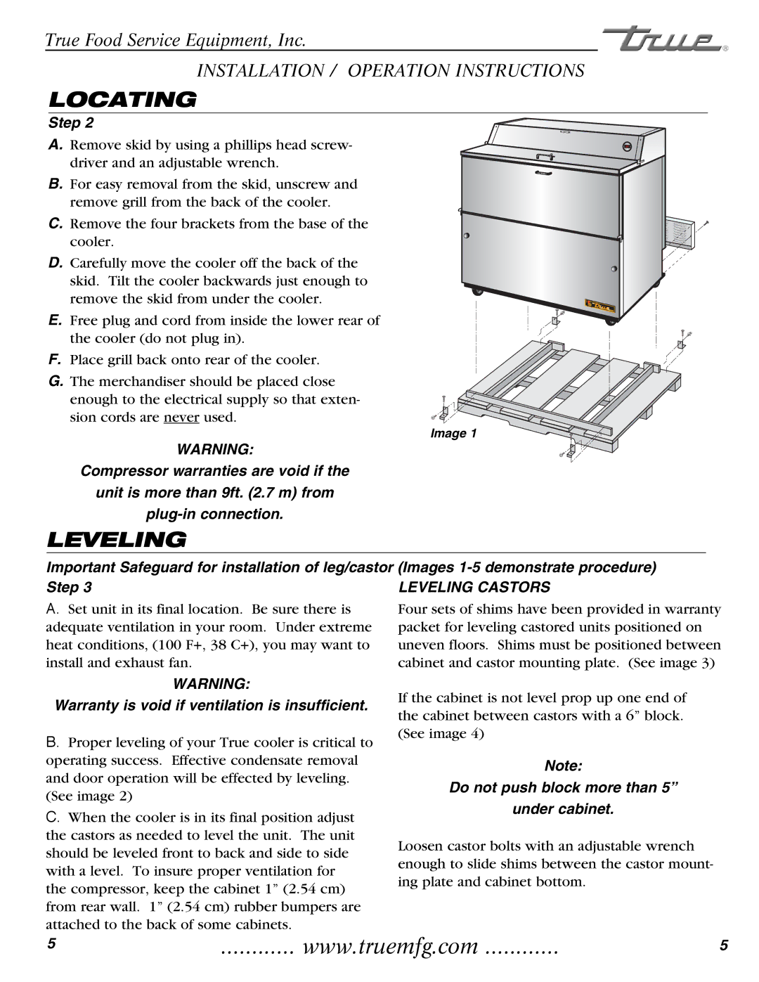 True Manufacturing Company TMC-34-SS, TMC-58-S installation manual Locating, Leveling 