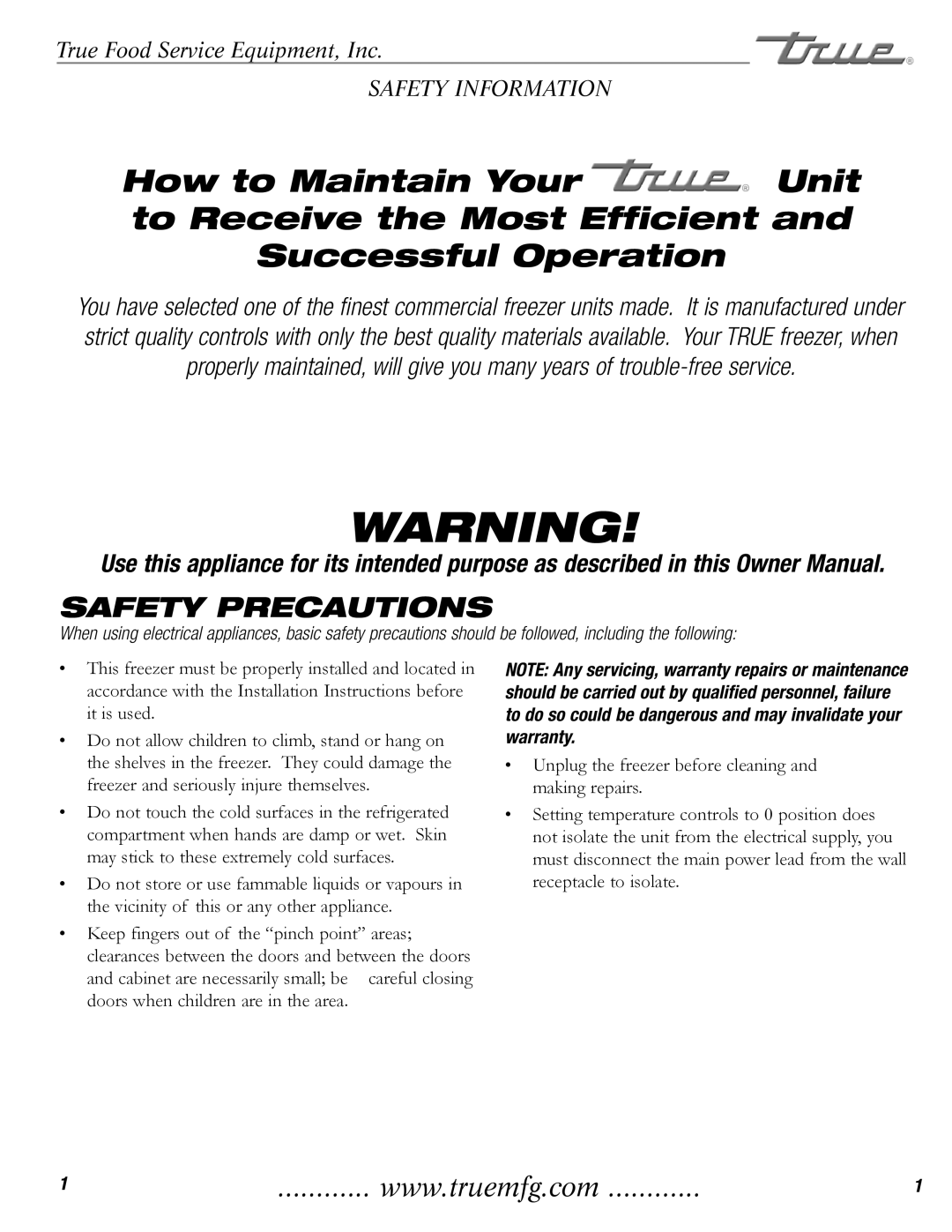 True Manufacturing Company TMW-36F-QT installation manual Safety Precautions 