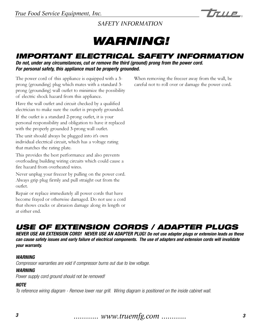 True Manufacturing Company TMW-36F-QT Important Electrical Safety Information, USE of Extension Cords / Adapter Plugs 