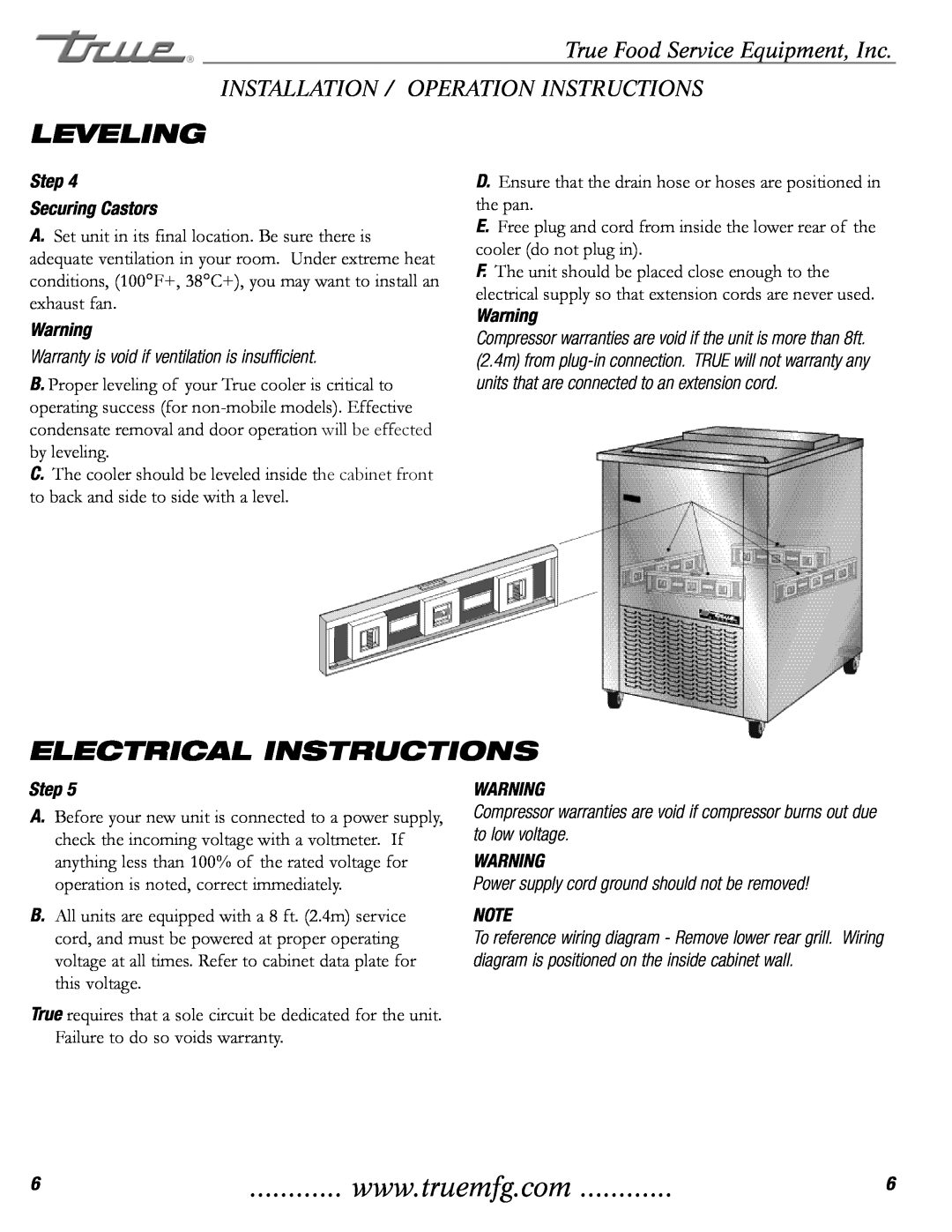 True Manufacturing Company TMW-36F Leveling, Electrical Instructions, Warranty is void if ventilation is insufficient 