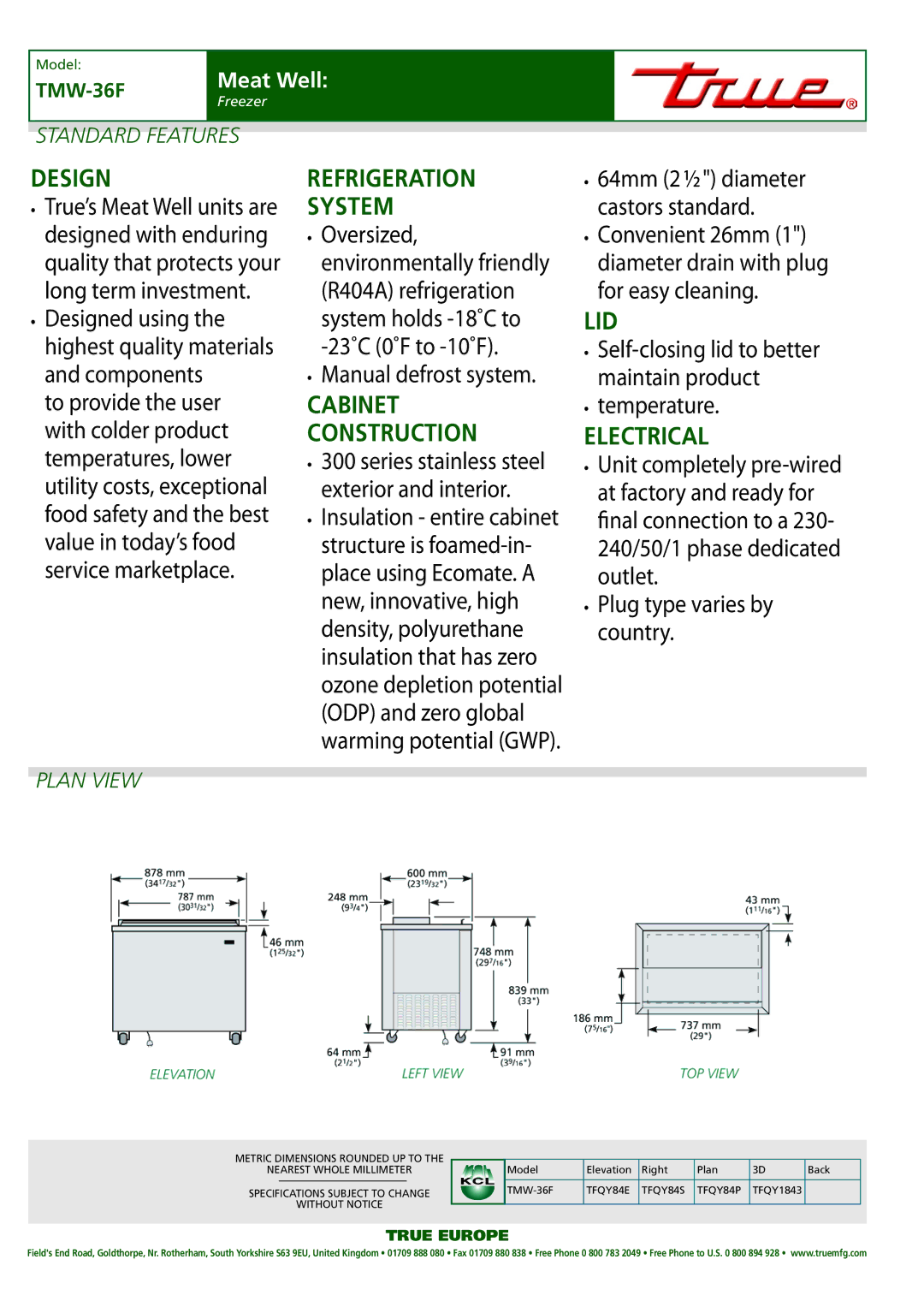 True Manufacturing Company TMW-36F dimensions Design, Refrigeration System, Cabinet Construction, Lid, Electrical 