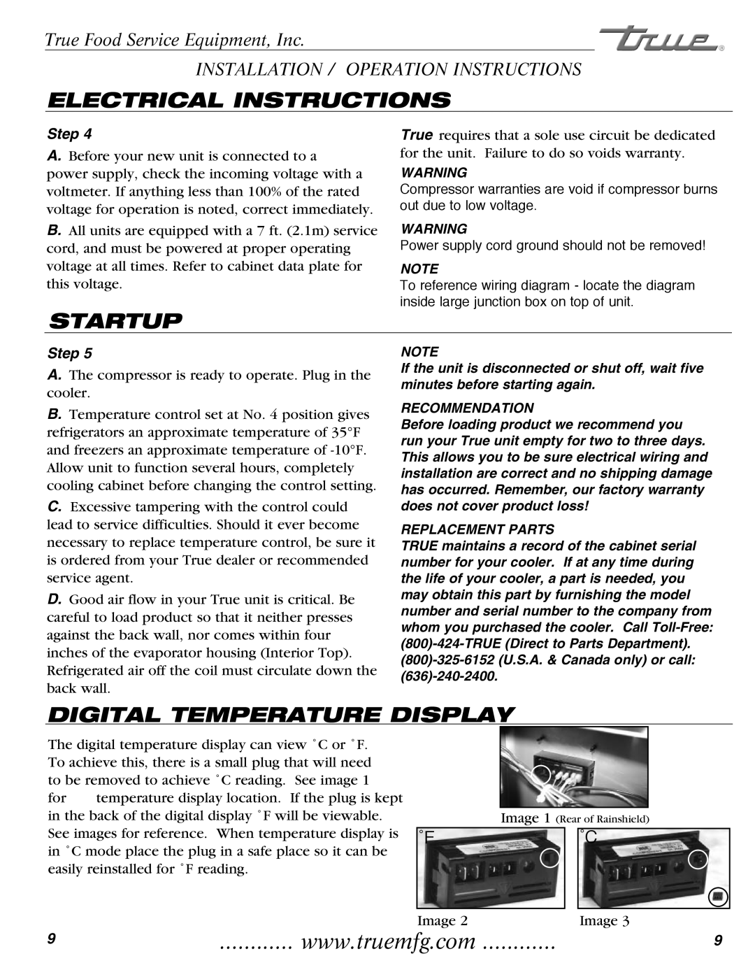 True Manufacturing Company TR2RRT-2S-2S, TR1RRI-1S Electrical Instructions, Startup, Digital Temperature Display 