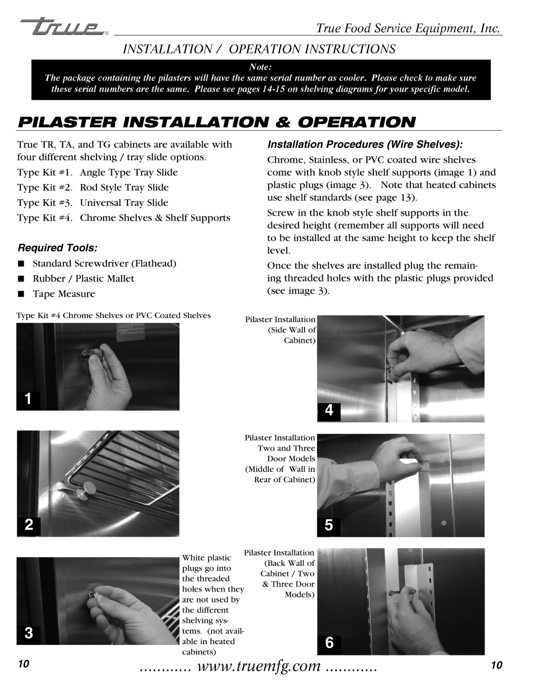 True Manufacturing Company TR1RRI-1S, TR2RRT-2S-2S installation manual Pilaster Installation & Operation, Required Tools 