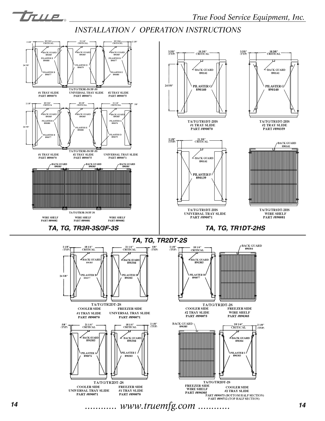 True Manufacturing Company TR1RRI-1S, TR2RRT-2S-2S installation manual TA, TG, TR3R-3S/3F-3S, 890140 