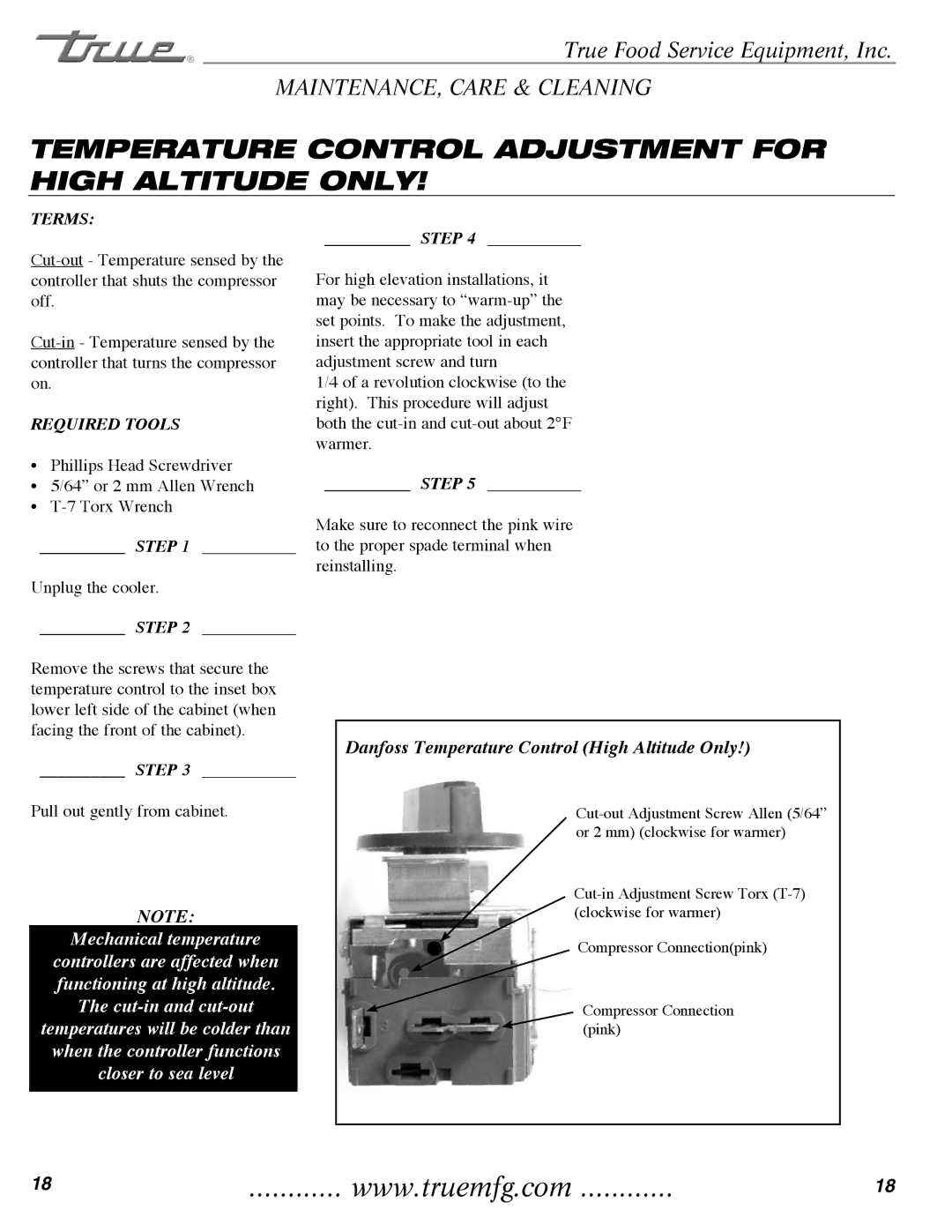 True Manufacturing Company TR1RRI-1S, TR2RRT-2S-2S Temperature Control Adjustment for High Altitude only, Terms 