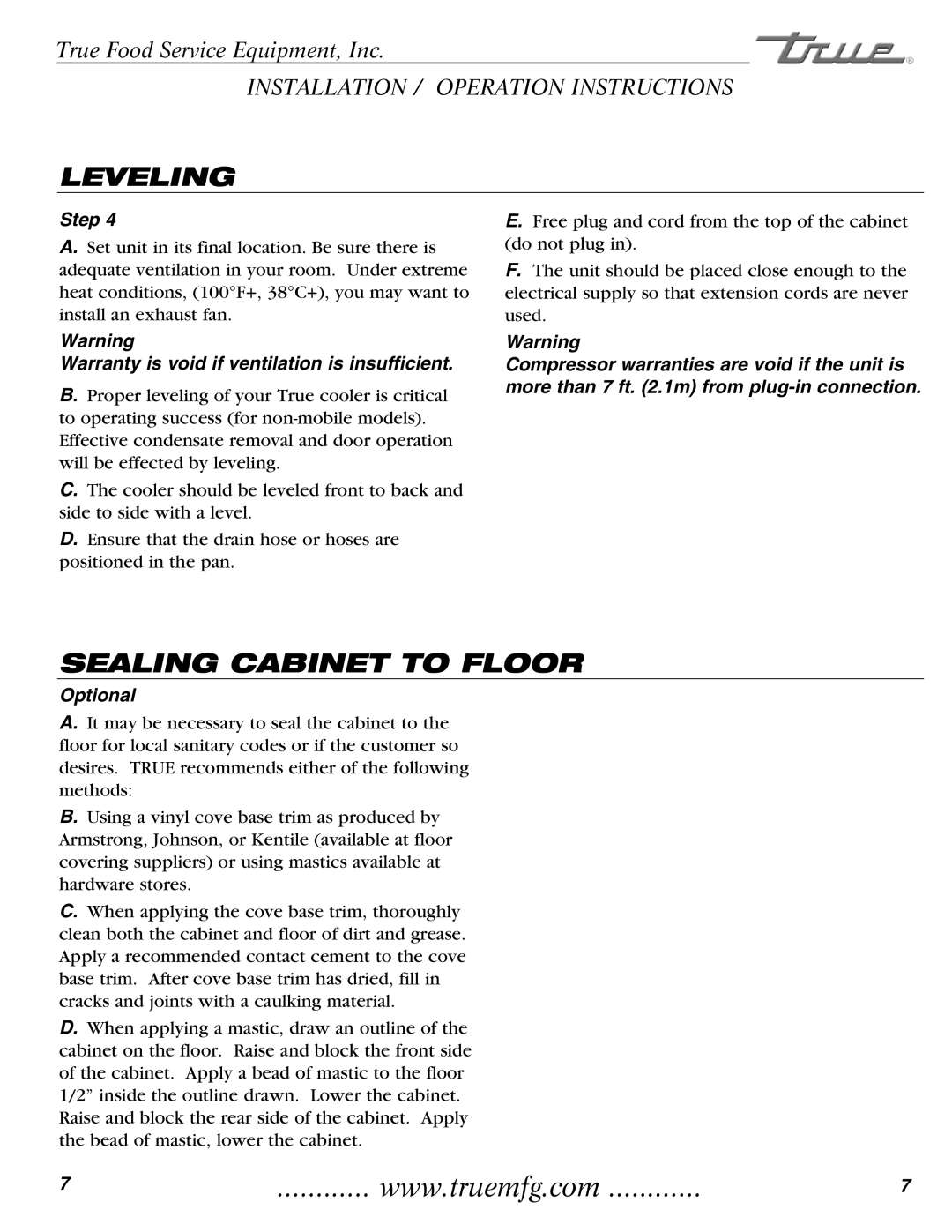 True Manufacturing Company TR2RRT-2S-2S, TR1RRI-1S installation manual Leveling, Sealing Cabinet to Floor, Optional 