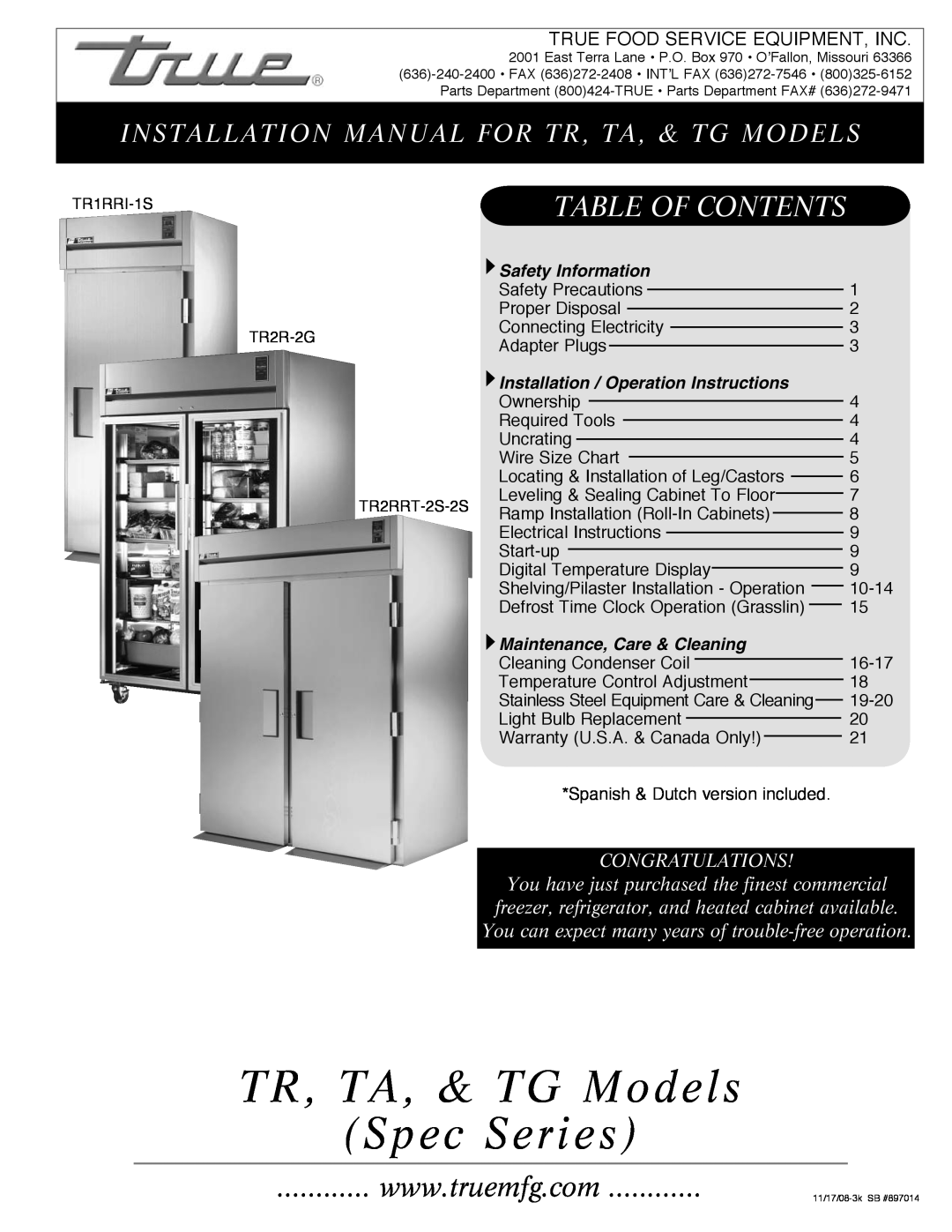 True Manufacturing Company TR2RRT-2S-2S, TR1RRI-1S installation manual TR, TA, & TG Models Spec Series, Table Of Contents 