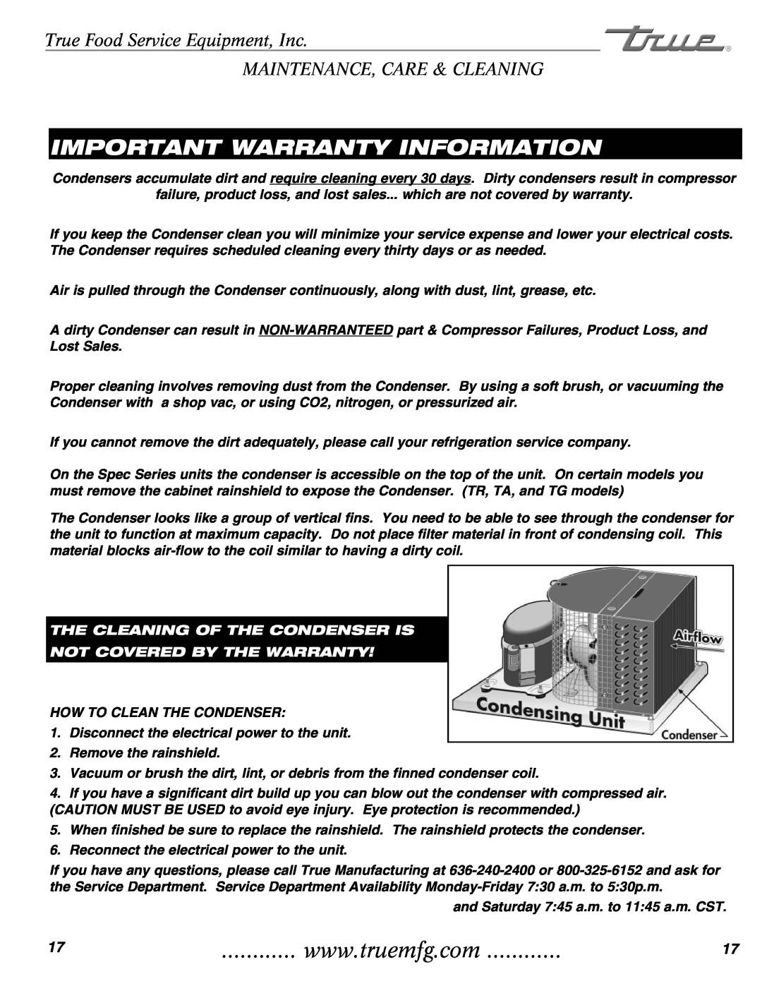 True Manufacturing Company TR2RRT-2S-2S, TR1RRI-1S installation manual Important Warranty Information 