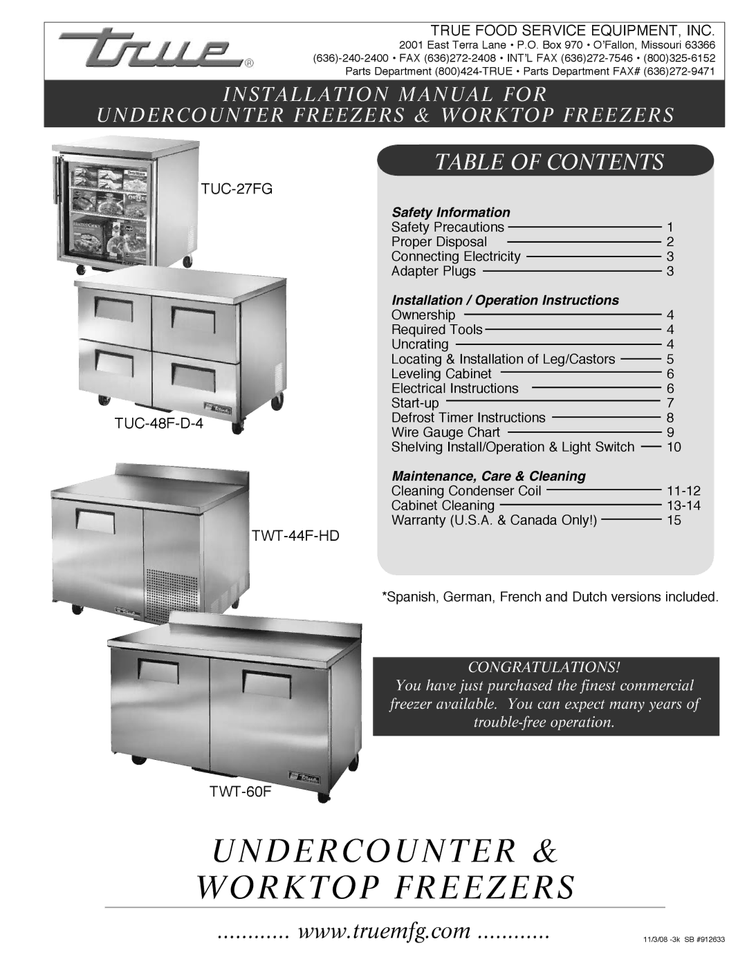 True Manufacturing Company TUC-48F-D-4, TWT-60F, TWT-44F-HD, TUC-27FG installation manual Undercounter Worktop Freezers 