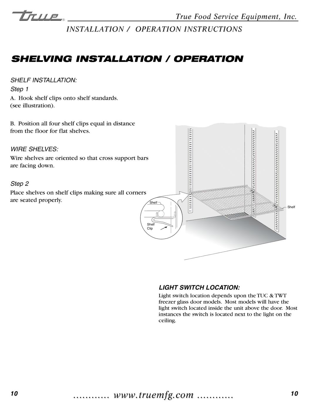 True Manufacturing Company TWT-60F, TUC-48F-D-4, TWT-44F-HD, TUC-27FG Shelving Installation / Operation, Shelf Installation 